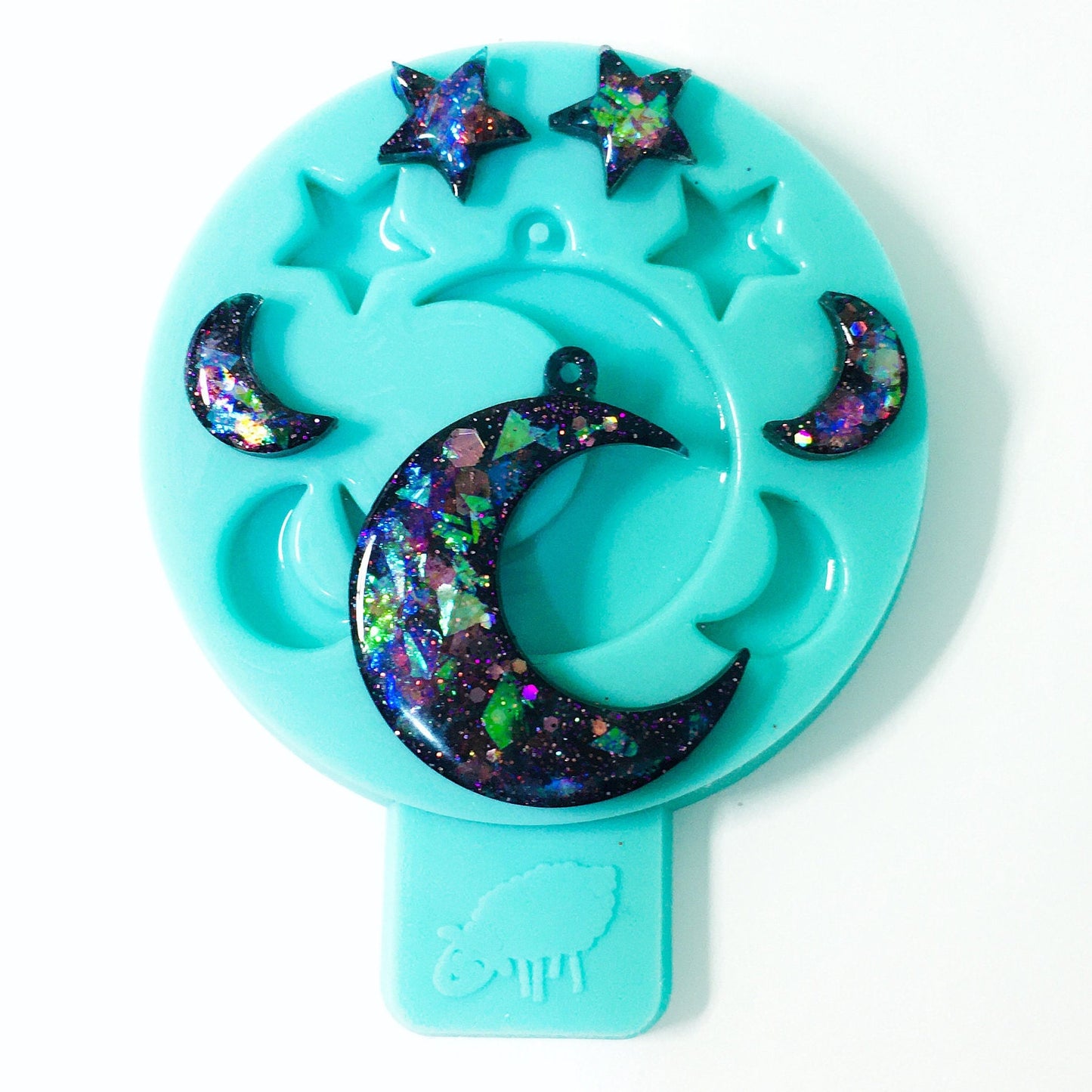 Mold crescent moon and star pendant for epoxy. Set of pendant & stud earrings. Glossy mold. Jewelry form crescent moon and star pendant.