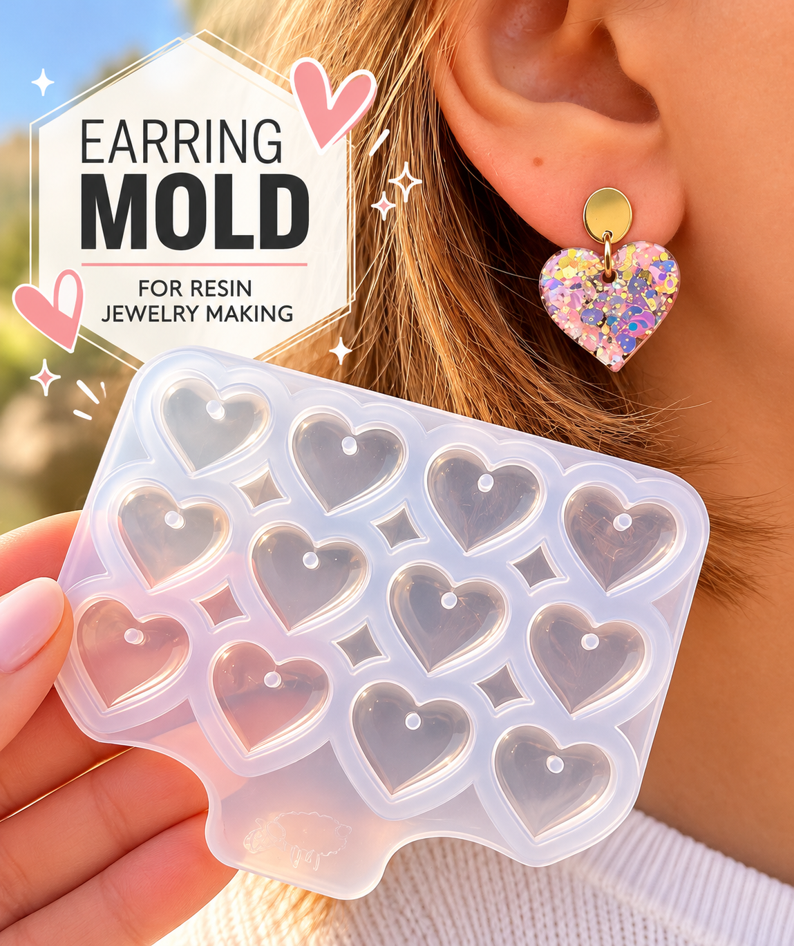 Boucles d'oreilles cœur en silicone de 3,81 cm (1 1/2 po). Moule pour résine époxy et UV.
