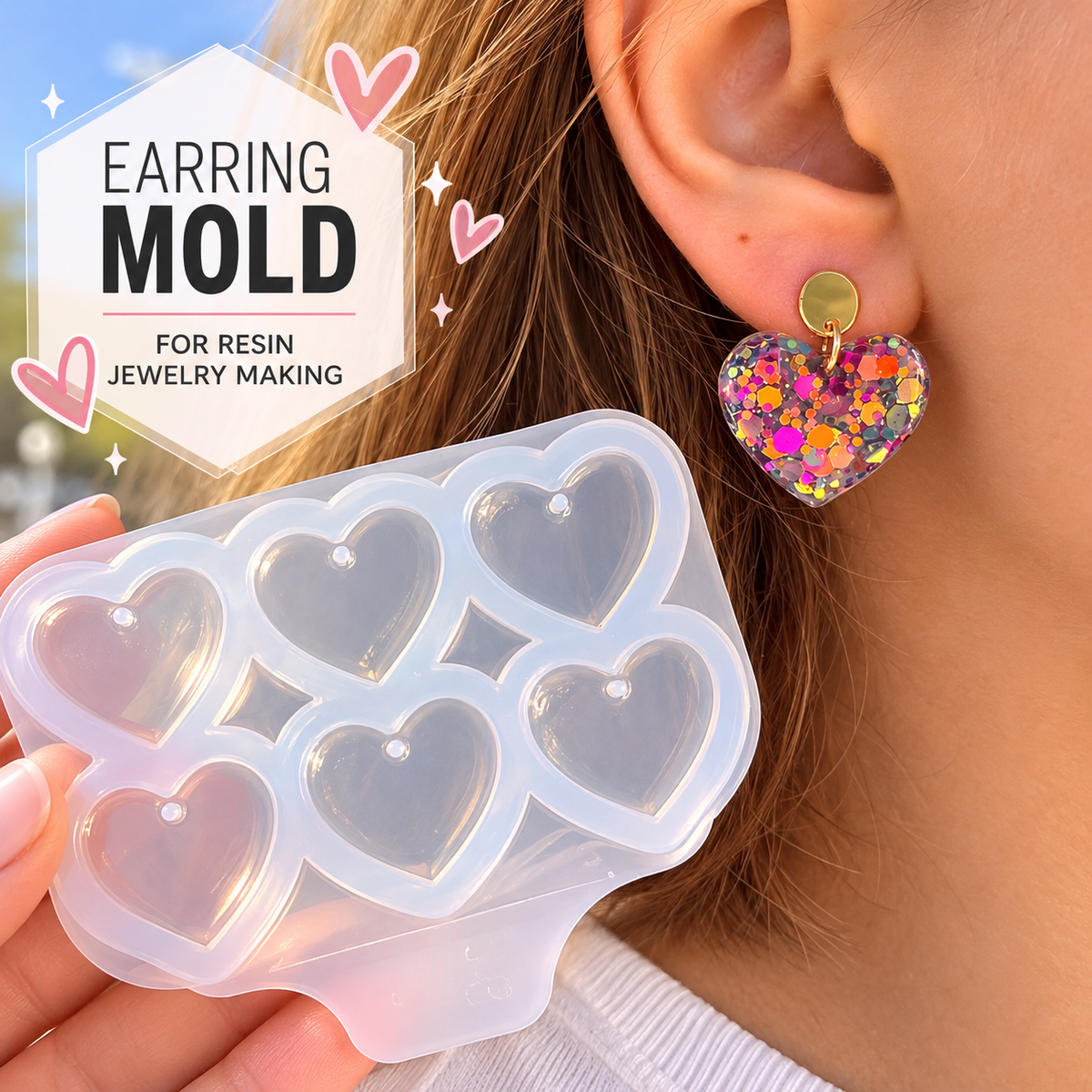 Boucles d'oreilles cœur en silicone de 3,81 cm (1 1/2 po). Moule pour résine époxy et UV.