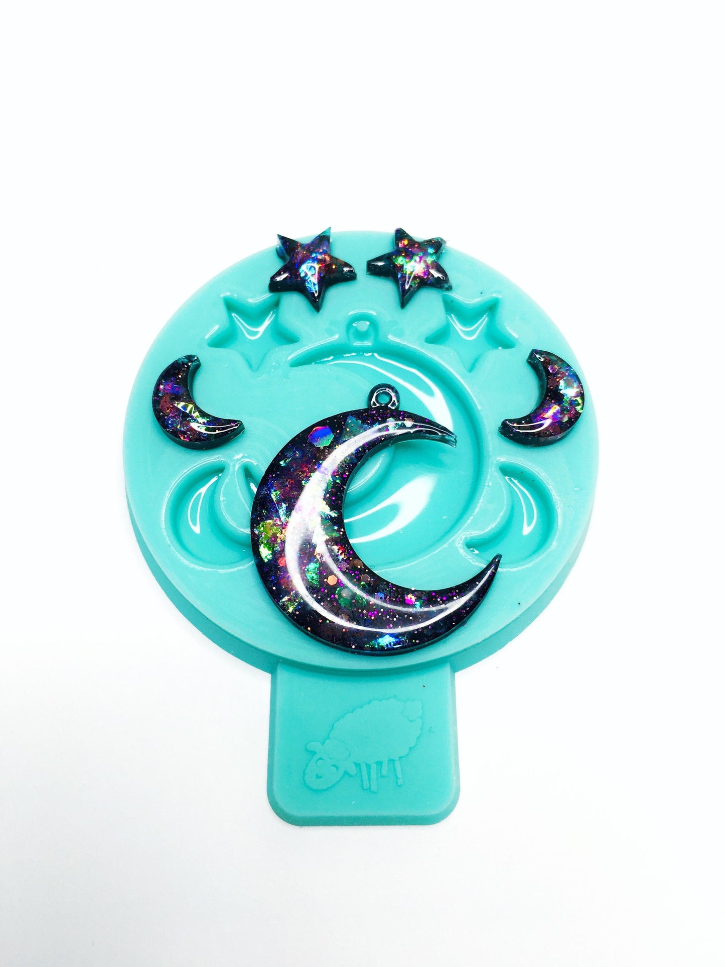 Mold crescent moon and star pendant  for epoxy. Set of pendant & stud earrings. Glossy mold. Jewelry form crescent moon and star pendant.