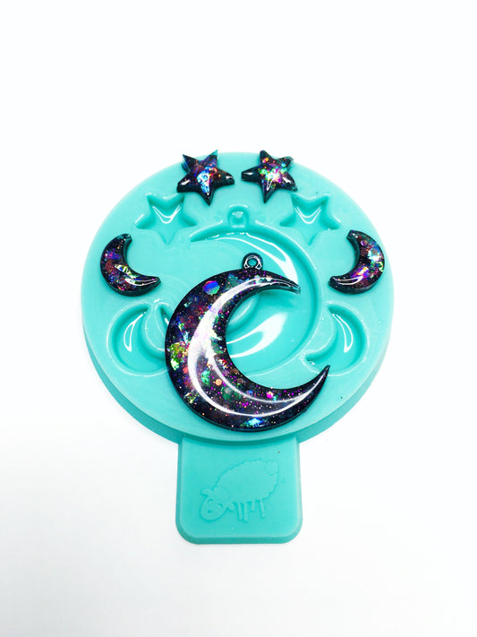Mold crescent moon and star pendant  for epoxy. Set of pendant & stud earrings. Glossy mold. Jewelry form crescent moon and star pendant.