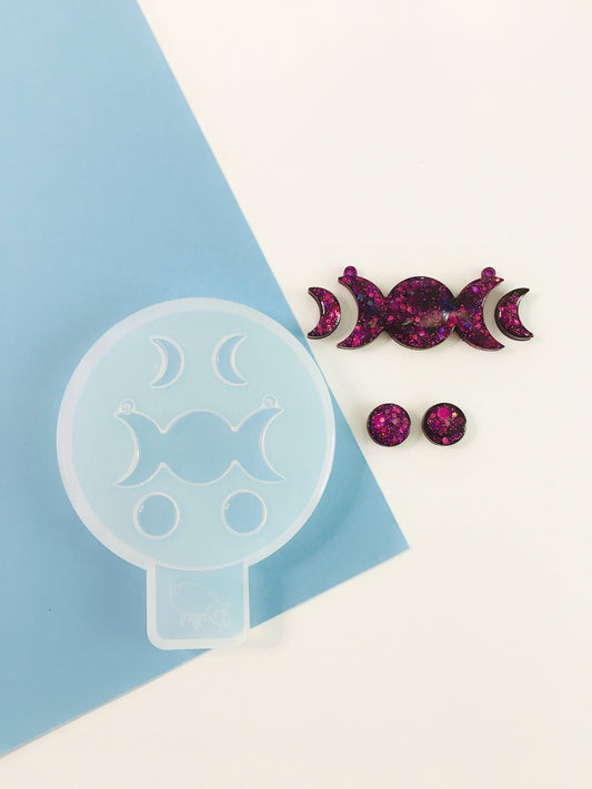 Mold moon cycle pendant  for epoxy. Set pendant & stud earrings. Super glossy resin mold. Jewelry diy form moon cycle pendant.