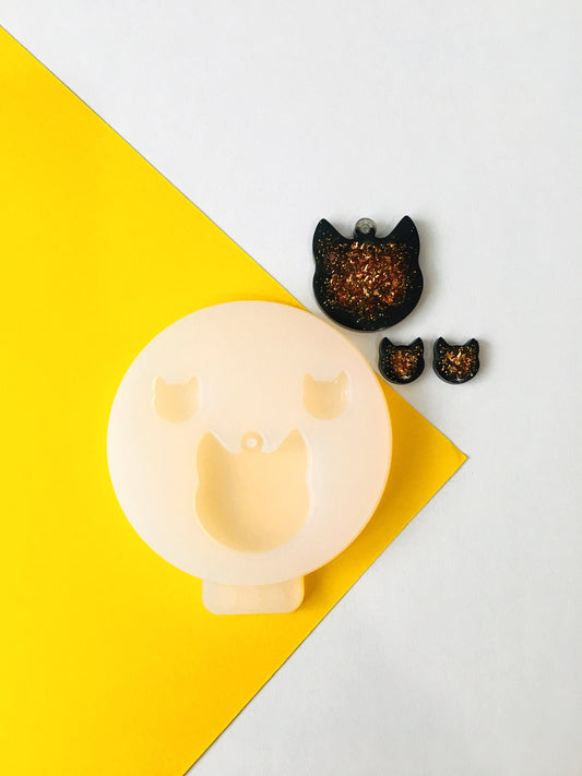 Silicone mold cat  for epoxy. Set of pendant & stud earrings. Super glossy resin mold. DIY form for a cat. Jewelry diy form cat.