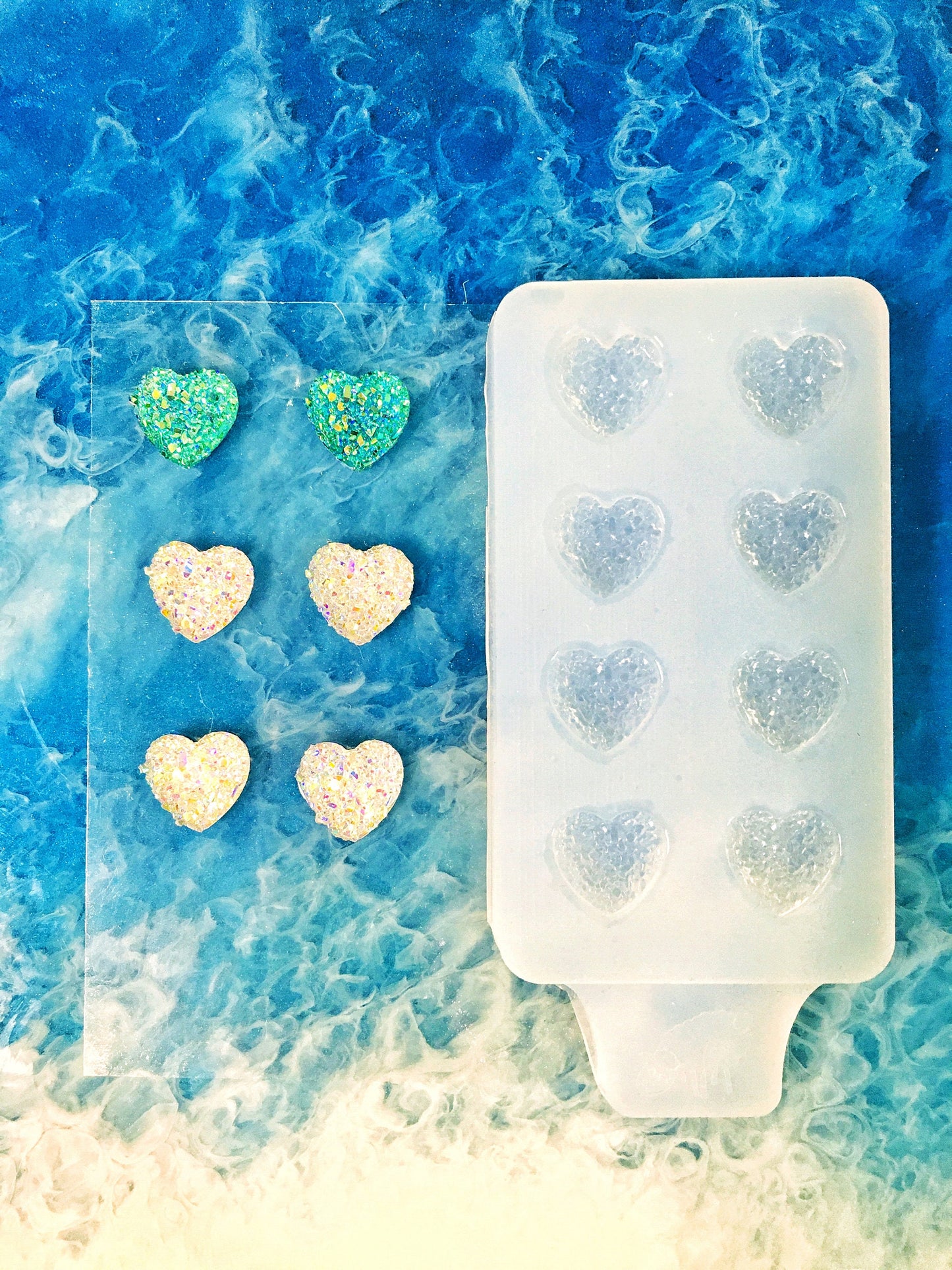 Silicone heart druzy earrings stud. Mold for epoxy and UV resin. Heart shaped jewelry earrings. Rubber form.