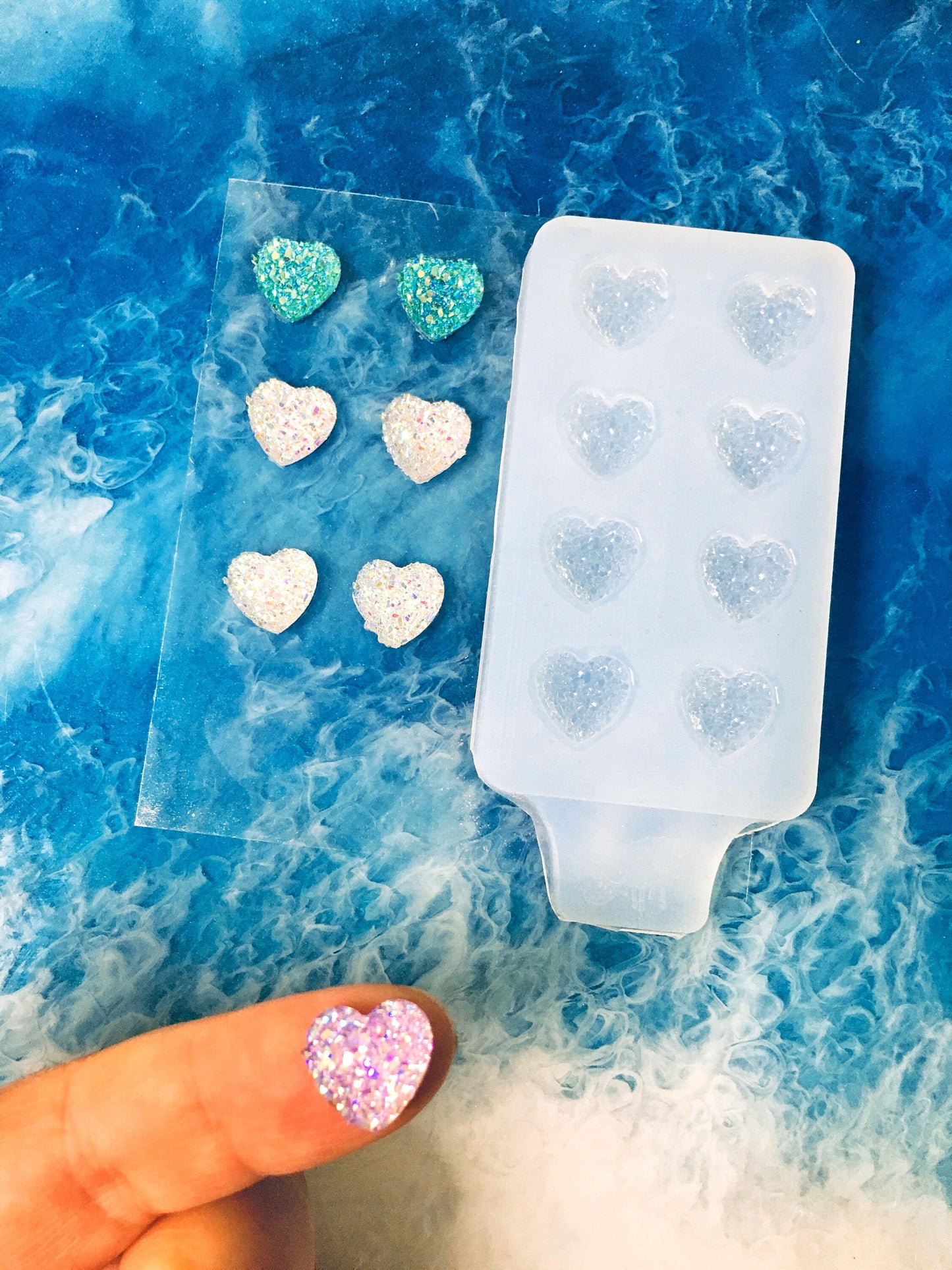 Silicone heart druzy earrings stud. Mold for epoxy and UV resin. Heart shaped jewelry earrings. Rubber form.