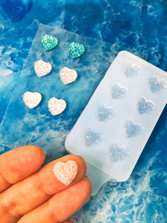 Silicone heart druzy earrings stud. Mold for epoxy and UV resin. Heart shaped jewelry earrings. Rubber form.