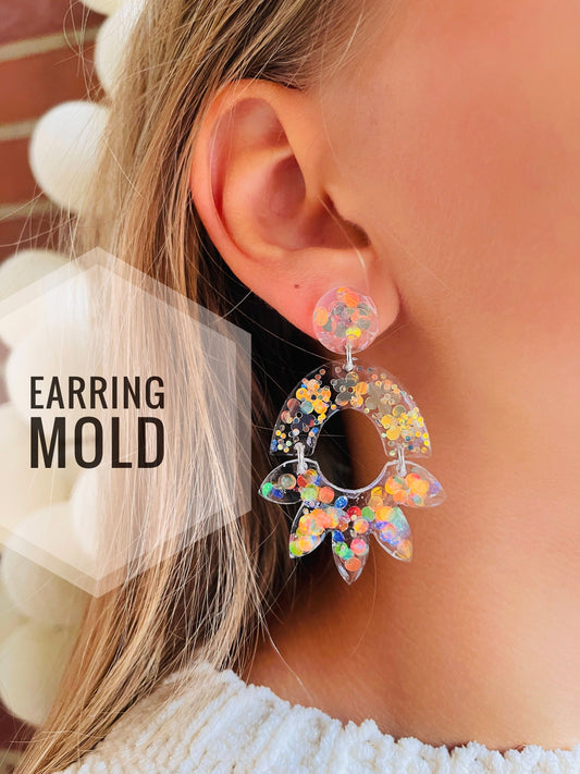 Form for epoxy. A set of earrings in the form of an arc and a flower Silicone mold. Jewelry pendant from a casting mold. Glossy resin mold.