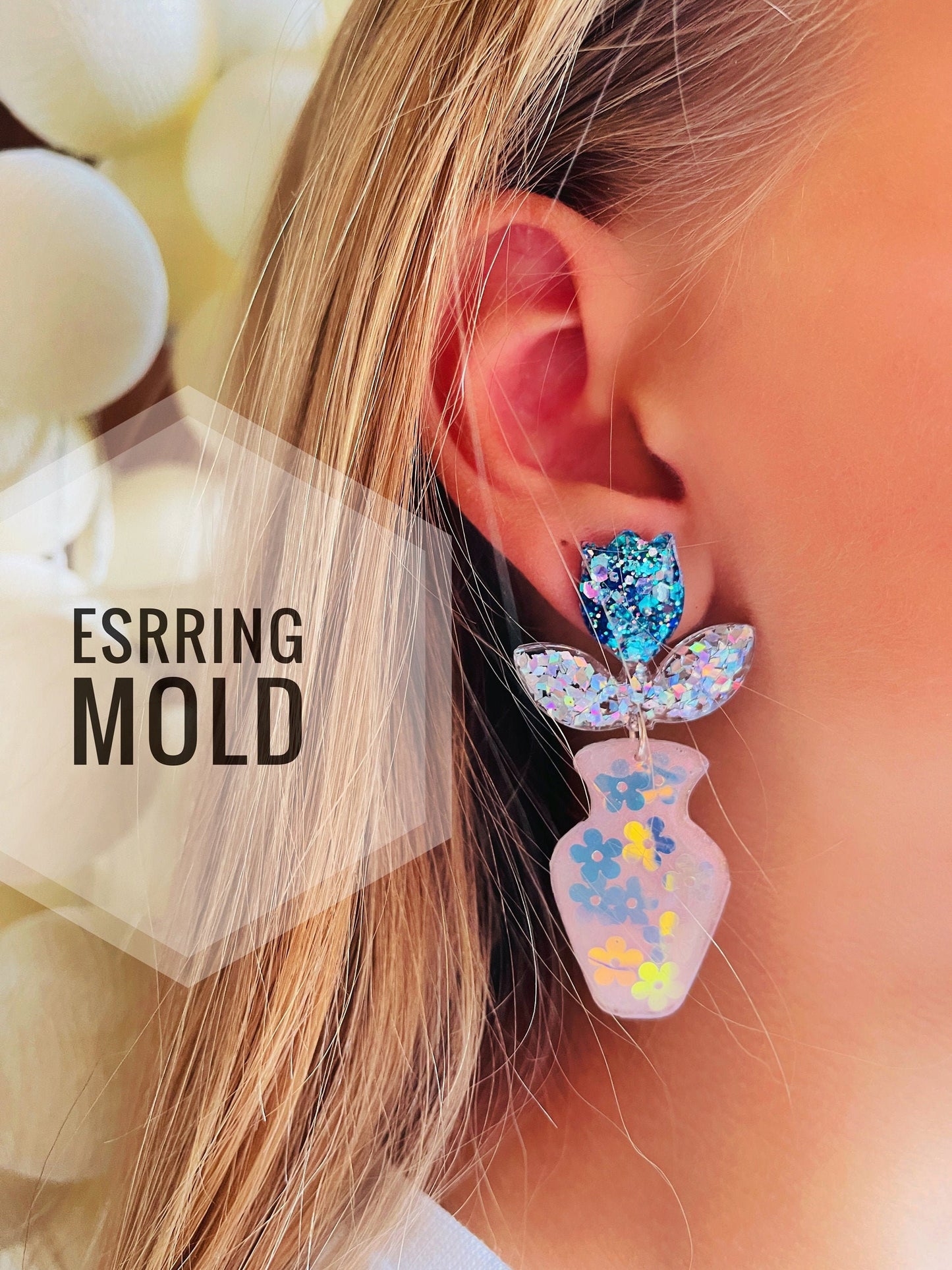 Mold flower in a vase for uv and epoxy. Set of stud earrings. Super glossy resin mold. Jewelry diy form flower pendant.